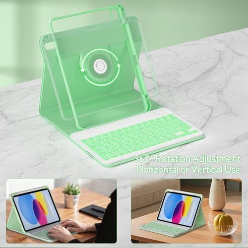 YBING Keyboard Case for iPad 10th Gen 10.9 inch(2022) & 11th Gen(A16, 2025), 7-Color Backlit Detachable Keypad & Rotatable Magnetic Case with Pencil Holder (Green)