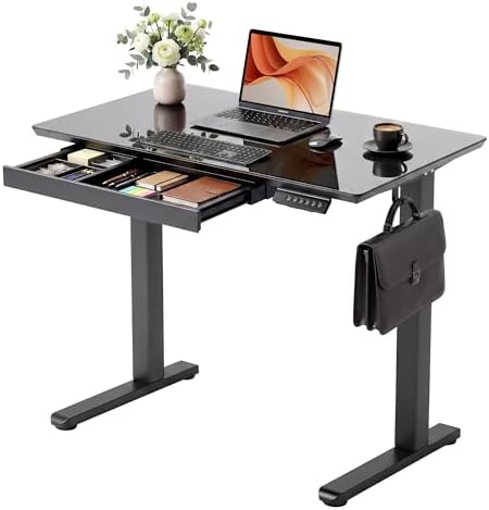 YDN Glass Standing Desk with Drawers 35x20 Inch Black