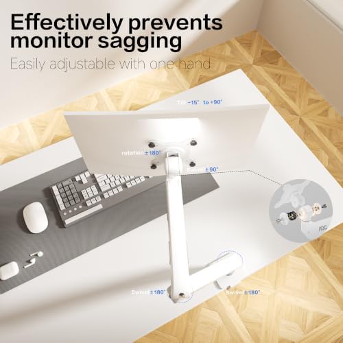 AOC AM400PLUS Premium Aluminum Single Monitor Arm, Mechanical Spring, 17–34 Inch, 4.4–19.8 lbs, VESA 75x75/100x100, C-Clamp, Quick Install Desk Mount with Cable Management (White)