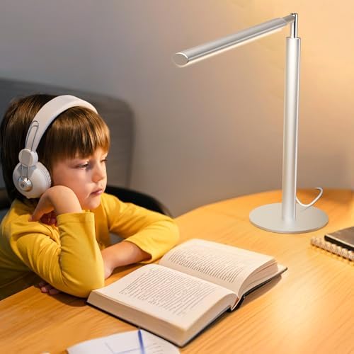 SIBRILLE Silver LED Desk Lamp, 16" Dimmable Metal Desk Light with Base, 15W 1200LM, Adapter Included, Color & Brightness Adjustable, Modern Tall Table Lamp for Home Office Reading Study Task Laptop