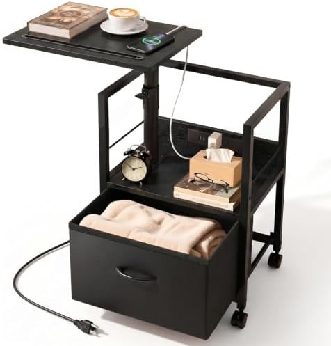 Faesun Night Stand with Charging Station & Swivel Top, Black
