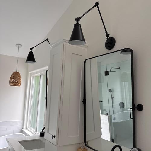 WINGBO Farmhouse Swing Arm Wall Sconce Set of 2, Industrial Adjustable Wall Lamp Light Fixture for Living Room Bedroom Vanity Study Desk Office, Plug in or Hardwired, Black