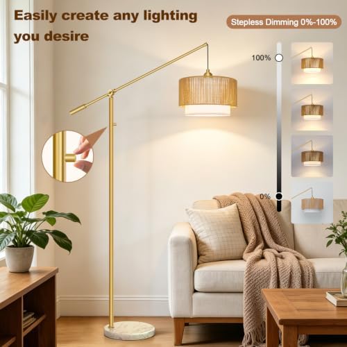 【Upgraded】Boho Dimmable Floor Lamp with Adjustable Swing Arm, 1100 Lumens Bulb Included, Modern Standing Lamp with Rattan & Fabric Shades, Tall Arc Floor Lamp for Living Room Bedroom, Gold, Heavy Base