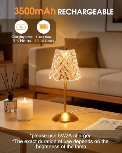 Nusogon Rechargeable Cordless Table Lamp, Gold Small Battery Powered Lamp