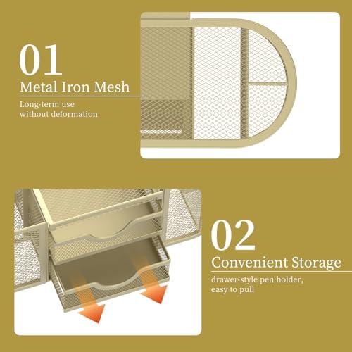 SUPEASY Mesh Desk Organizer, Pen Holder for Desk with 2 Drawers, Yellow