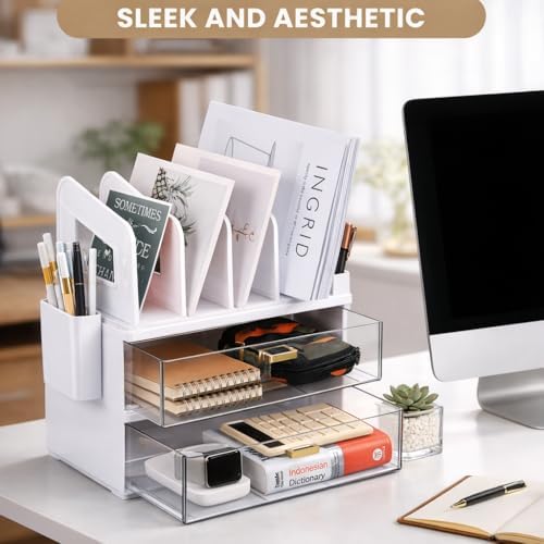 LALOBLUE Acrylic Desk Organizer with Drawer and Vertical File Holder, Desk Organizers and Accessories, Multi-Functional Office Supplies Organizer for Home or Work Desk, White