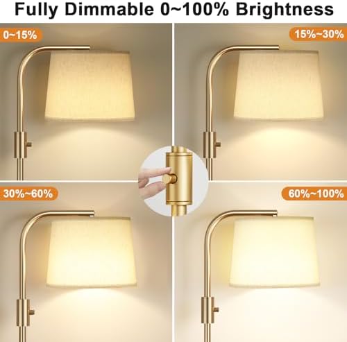 Ambimall Fully Dimmable Floor Lamp - Floor Lamps with 9W LED Bulb, Standing Lamps for Living Room with Adjust Head, Modern Standing Tall Light Rotary Switch for Office(Gold and Beige)