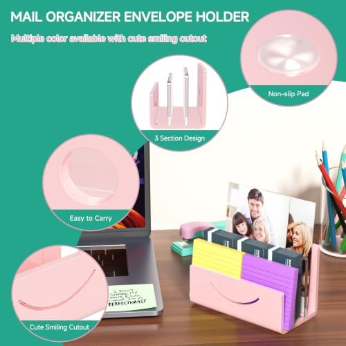 Mail Organizer Envelope Holder - 3 Compartments Pink Acrylic Mail Holder Countertop Home Office Desk Organizer Small File Sorter Vertical Bill Letter Paper Document Storage Rack