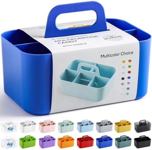 Multiuse Caddy Organizer with Handle, Portable Plastic Tote Bin - Art Craft, Stationary Pen Marker Crayons, Makeup Hair Supplies Storage - Bathroom, Classroom, Dorm, Office, Desk Holder - Dark Blue