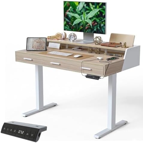 CubiCubi One-Piece Standing Desk 48x26 with 3 Wood Drawers, Light Walnut