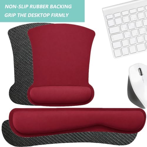 Keyboard Wrist Rest Pad Mouse Pad with Wrist Support Set of 3, Gaming Mousepad with Non-Slip Rubber Base, Ergonomic Memory Foam Mouse Cushion Support for Home Office Laptop Computer, Red