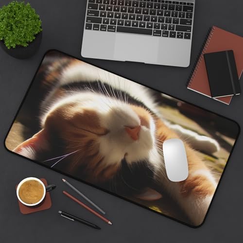 Calico Cat Desk Mat - Stretching Lazily in a Patch of Sun - Premium Rubber Base