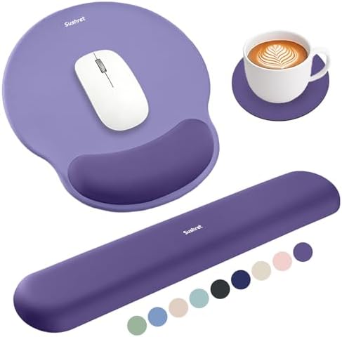 Sushret Mouse Pad and Keyboard Wrist Rest, 3-in-1 Gel Memory Foam Ergonomic Mouse Pad with Wrist Rest Set, Gaming Mousepad Arm Cushion Support for Computer Office Desk Accessories Cute Setup, Purple