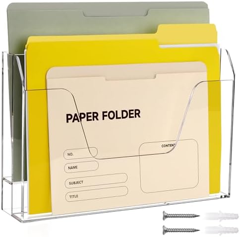 DINGHUO Wall Hanging File Organizer, Acrylic Mail Organizer wall mounted File Holder, Clear 2 Tier Folder Paper Document Magazine Rack for Desk Office School Home - 1 Pack