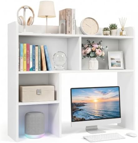 SUPER DEAL Desktop Bookshelf, Countertop Storage Hutch with 3 Shelves for Computer Desk, 2-Tier Display Rack, Multipurpose Wood Desk Hutch Storage Organizer for Home Office Dorm, White