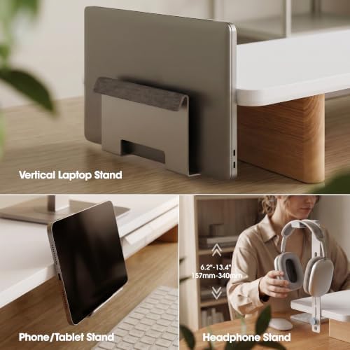 Fenge Modular Dual Monitor Stand Riser with Solid Ash Wood Leg, 42.5" White