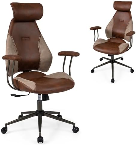 GIANTEX Ergonomic Office Chair, Mid Century Modern Faux Fur Computer Desk Chair with 2D Headrest, Rocking Backrest & Wheels, Vintage High Back Rolling Chair for Executive, Brown