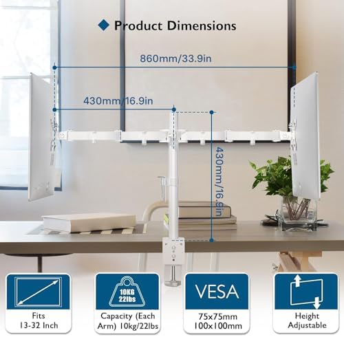 BONTEC Dual Monitor Desk Mount, 13-27 Inch, 22lbs, VESA 75x75/100x100,White