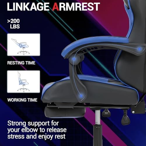 Gaming Chair, Video Game Chair with Footrest and Massage Lumbar Support, Height Adjustable Ergonomic Computer Chair with Swivel Seat and Headrest for Home Office Gaming, Blue