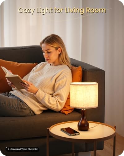 Small Table Lamp, 14.2" Cute Little Desk Lamp, Wood Bedside Lamp with Linen Lampshade, Modern Nightstand Lamp for Bedroom, E26 Base, Bulb Not Included, Beige & Dark Walnut STE09TL05
