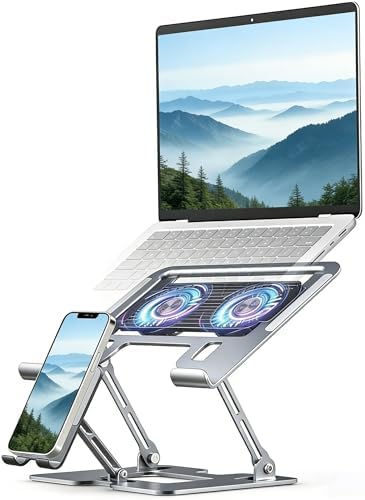 Laptop & Phone 2-in-1 Cooling Stand with Silent Fan, Adjustable Height & Angle, Carbon Steel Foldable Laptop Riser, Gaming Laptop Cooler Pad for Laptops Up to 18 Inch (Silver)