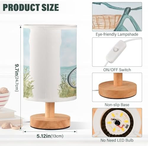 Bedside Lamp Bike Bicycle Flower Coast Table Lamp for Bedroom LED Nightstand Lamp Shade USB Ports Wood Base for Living Room Dorm Office