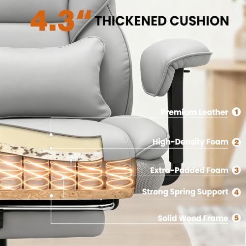 Office Desk Chair, Big and Tall Gaming Chair with Foot Rest, Ergonomic High Back Computer Chair with Soft Adjustable Armrests, Lumbar Support Pillow, Executive Leather Chair (PU, Grey)