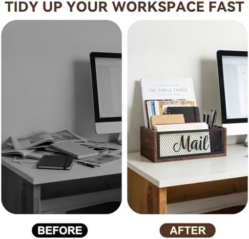 Mail Organizer Countertop, Rustic Farmhouse 2-Slot Wood & Iron Mail Holder, Retro Wall Mounted or Desk Entryway Letter Bill Envelope Sorter, No Assembly