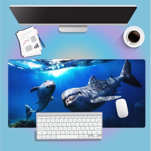 Happy Dolphins Underwater Encounter Large Mouse Pad, Navy Blue Desk Mat