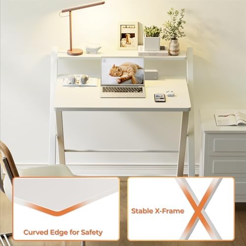 GreenForest Folding Desk No Assembly Required Large Size, 2-Tier Foldable Computer Desk with Shelf for Home Office, Space Saving Portable Laptop Study Foldable Table for Bedroom, White