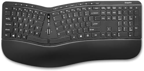 Staples TECH Wireless Ergonomic Keyboard, Full-Size, Wrist Rest, Black