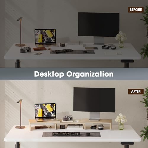 FITUEYES Dual Monitor Stand Riser, Adjustable Length and Angle, Oak