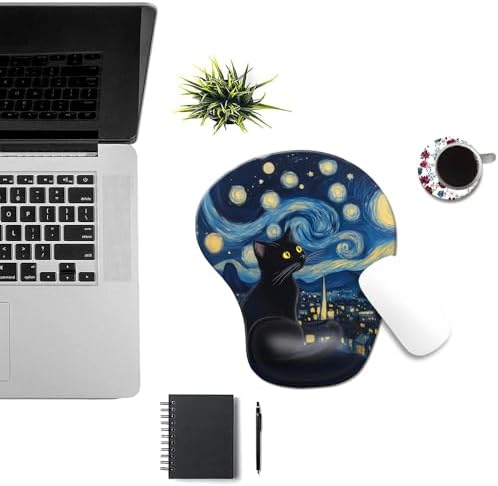 Ergonomic Mouse Pad with Wrist Rest,Comfortable Computer Gel Mouse Pad Wrist Support for Laptop,Pain Relief Mousepad with Non-Slip PU Base Starry Night Black Cat