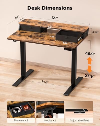 FiCiHi 35x20 Inch Electric Standing Desk, 2 Drawers, Adjustable Height Desk