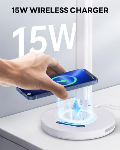 Upgraded LED Desk Lamp with Wireless Charger, Stepless Dimmable Foldable Table Lamp for Home Bedroom Office Sturdy Room, 3 Color Temperatures, Memory Function