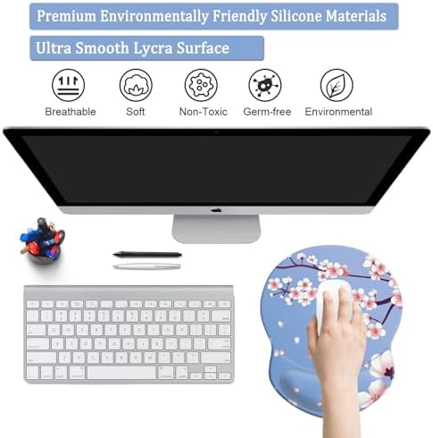 Mouse Pad with Ergonomic Gel-Filled Wrist Rest and Non-Slip PU Base, Comfortable & Accurate Computer Mouse Pad with Support for Home Office Working Studying (Cherry Blossom)
