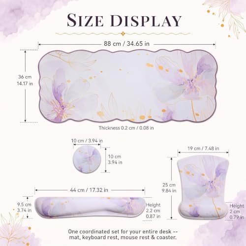 Scalloped Desk Mat 4-in-1 Set, XXL Large Wave Edge Mouse Pad with Gel Wrist Rest, Memory Foam Keyboard Wrist Rest & Coaster, Watercolor Floral Aesthetic Desk Pad for Women