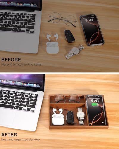 TopMade Valet Tray for Men, Built in Wireless Charging Pad, Nightstand Dresser Organizer, Faux Leather Mens Jewelry Box with Charging Station, Brown