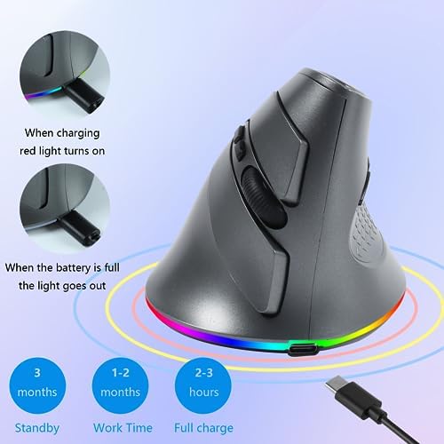 Wireless Mouse, Vertical Ergonomic Mouse 2.4G Bluetooth Dual Mode 3 DPI Rechargeable Connect Multiple Devices Vertical Mouse 6 Buttons and RGB Lights Suitable for PC Laptop Computer(Grey)