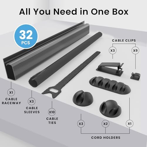 Eveo Desk Cable Management Kit - Under Desk Cord Organizer with Cable Raceway, Sleeve, Adhesive Clips