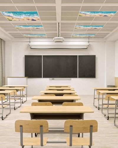 Ocean 2 Pcs Fluorescent Light Covers, Sandy Beach Marine Wave Seashell Magnetic Filters Shade Panel Light Covers for Ceiling Lights Classroom Office Home Ceiling Decoration, 4 x 2 Ft