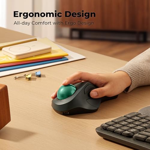 Wireless Ergonomic Trackball Mouse, Large Hands, 44mm Index Finger Control