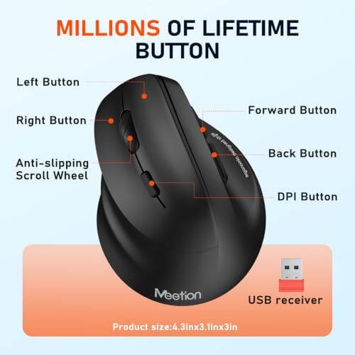 MEETION Left-Handed Wireless Ergonomic Vertical Mouse, Rechargeable - Black
