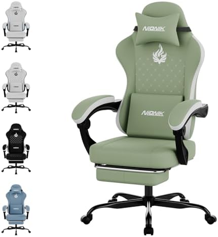 Gaming Chair with Massage,Ergonomic PC Gaming Chair Computer Chairs with Footrest Comfortable Headrest and Lumbar Support, High Back GREENWHITE