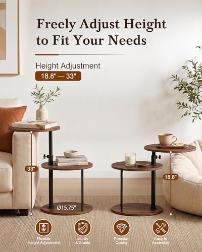 Faesun Swivel Round Table for Couch Arm, Height Adjustable C Shaped End Table for Recliner or Bed, Tv Trays with Storage Shelf for Small Spaces- Small Nightstand for Living Room, Bedroom, Walnut
