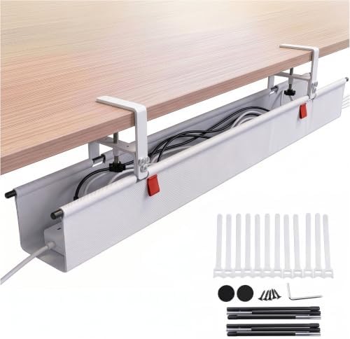 Under Desk Cable Management Tray 48" — No Drill Clamp-On Cord Organizer for Desk with Built-in Ties, Heavy Duty Metal Clamp, Foldable 600D Oxford Fabric for Home Office, WFH & Gaming PC Setup (White)