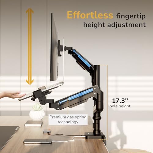Mount-It! Proflex Series Premium Monitor and Laptop Mount with Pole, Gas Spring Arm, Supports 17–49" Ultrawide Monitors & 11.6–17.3" Laptops up to 44 lbs, USB 3.0 & USB-C, Full Motion