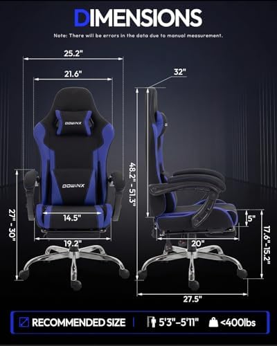 Dowinx Ergonomic Gaming Chair with Footrest & Massage Lumbar, 2D-Linkage Armrests for Computer Chair 330lbs with Headrest Pillow for Office, Home, Streaming and Long Gaming Sessions, Fabric Dark Blue