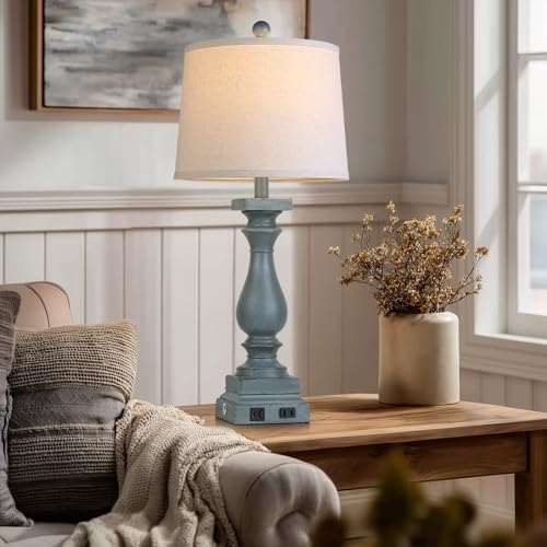 28" Tall Farmhouse Table Lamp with USB C+A Ports and AC Outlet, 3 Way Touch Control Rustic Bedside Lamp for Bedroom, Blue Vintage Nightstand Lamp for Living Room Office