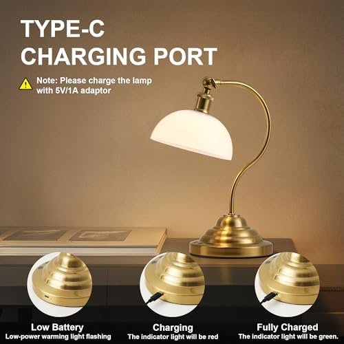 Cordless Table Lamp, Battery Operated Vintage Desk Light, Brass & White